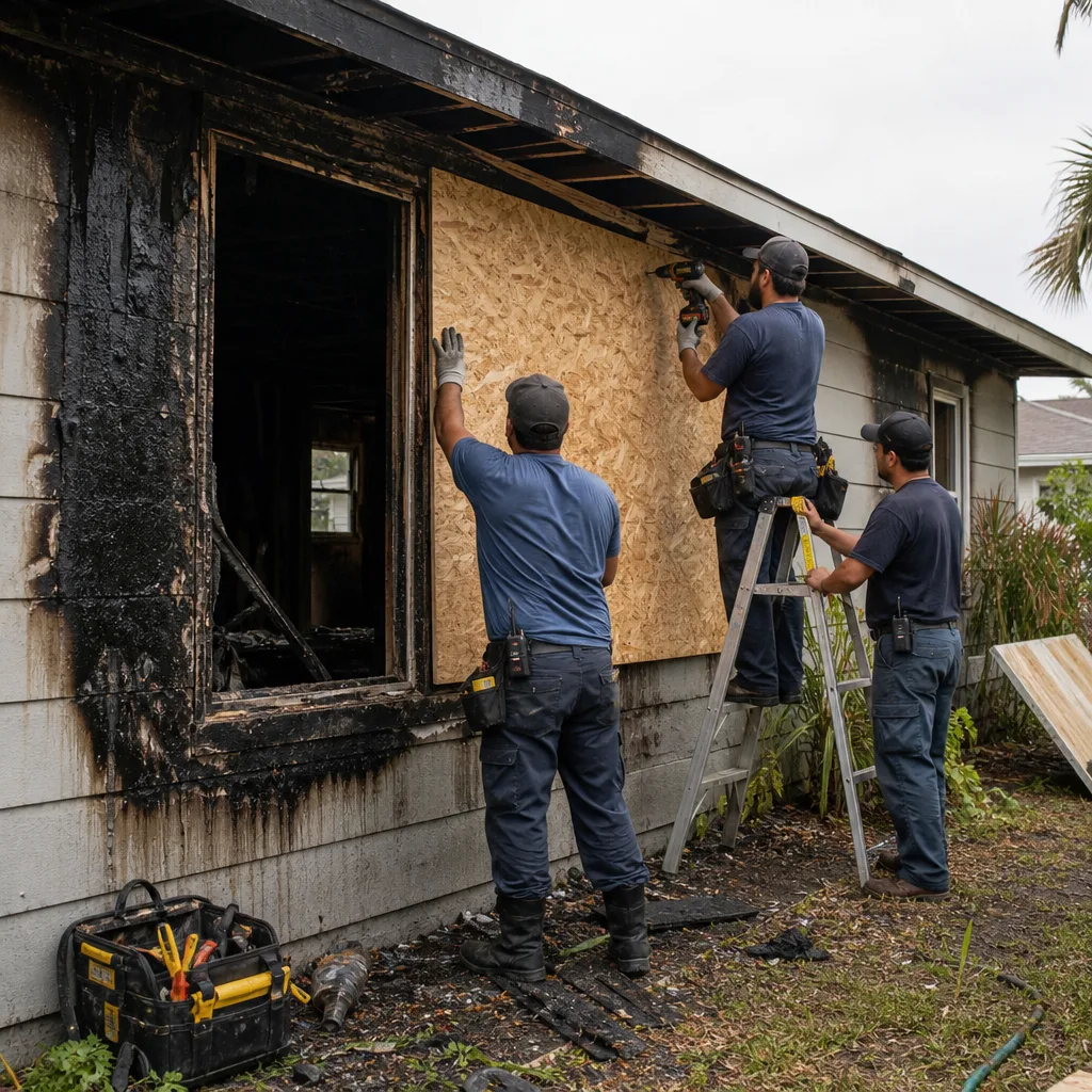 Professional crew performing fire damage restoration work on a residential property