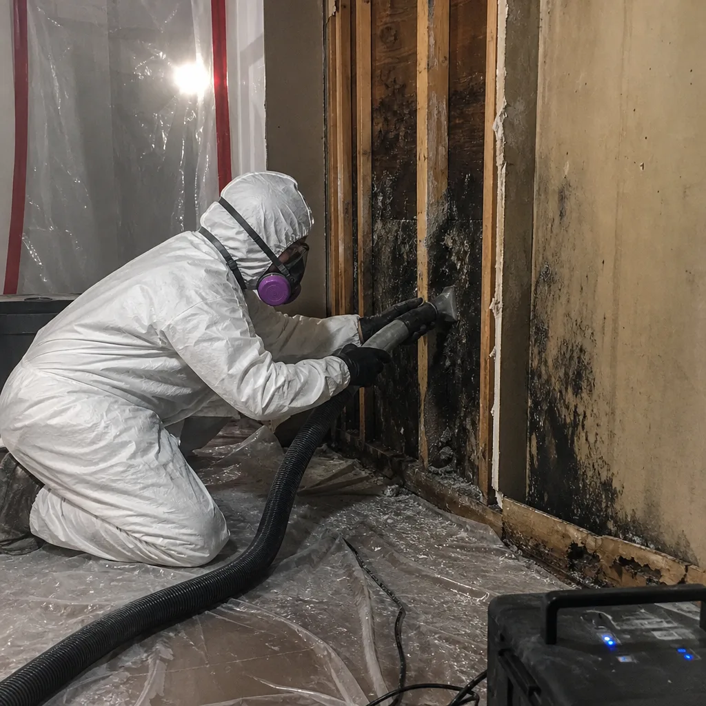 Professional mold remediation technician wearing protective suit and respirator vacuuming mold.