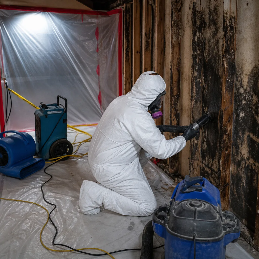 Technician in protective suit performing professional mold remediation on wall studs.