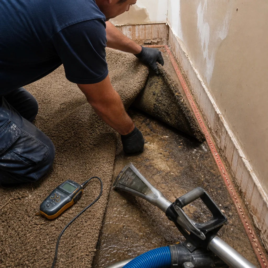 Technician performing water damage restoration on carpet and subfloor