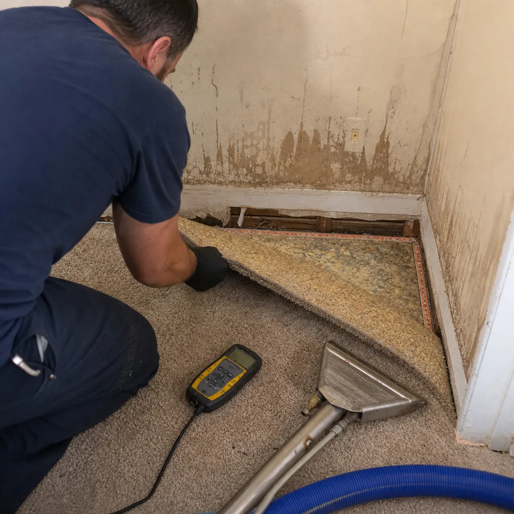 Water damage restoration professional inspecting wet carpet and wall damage