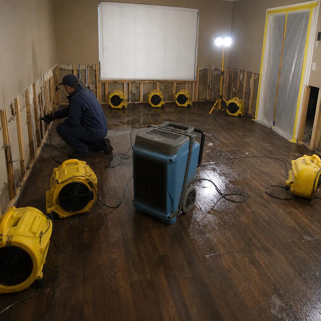 Water damage restoration professional using industrial fans and equipment in a room